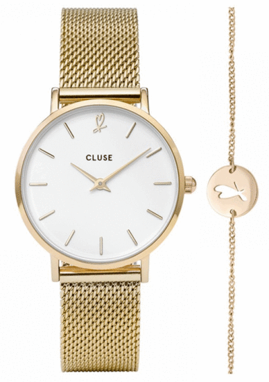 CLUSE MINUIT HEART GOLD MESH WATCH AND BRACELET GIFT BOX CLG012