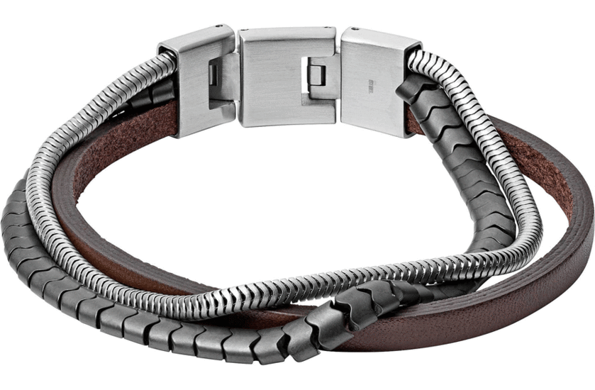FOSSIL MULTI-STRAND HEMATITE AND BROWN LEATHER BRACELET JF03178040