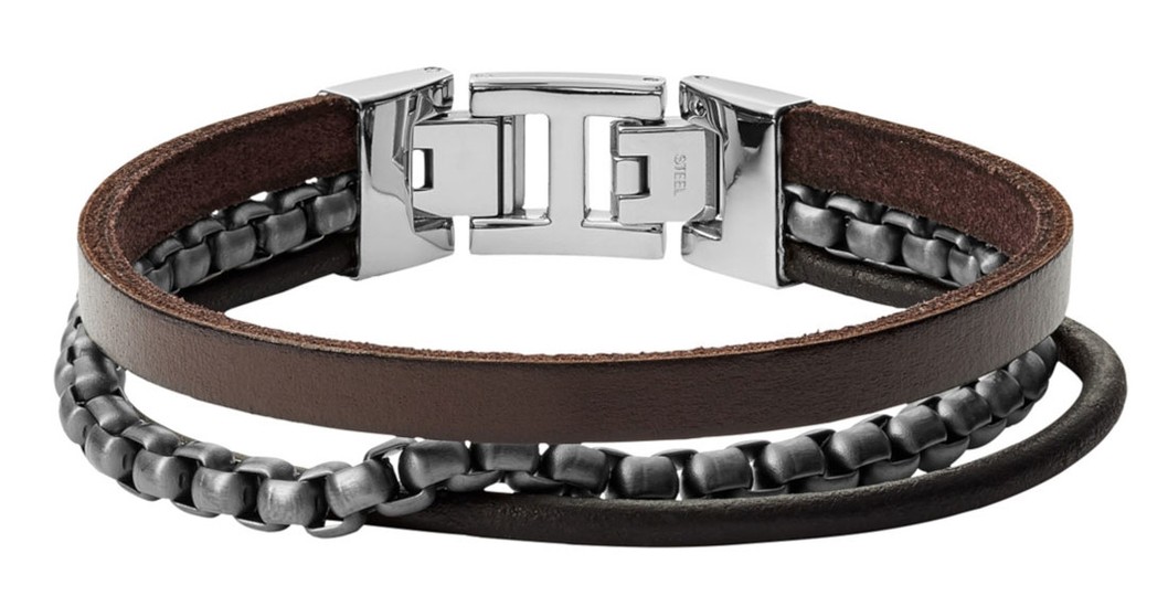 FOSSIL Multi-Strand Gunmetal-Tone Steel and Leather Bracelet JF03319998