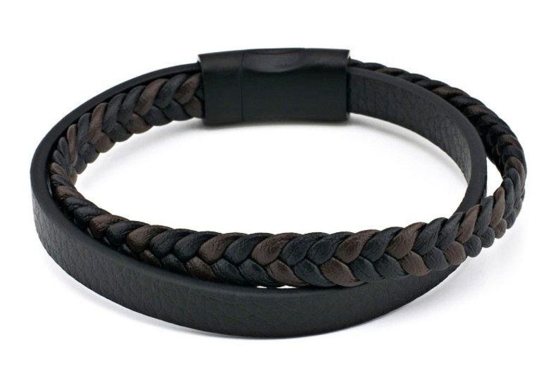 DOUBLED BLACK-BROWN LEATHER BRACELET WITH STAINLESS STEEL MAGNETIC CLASP MV1022