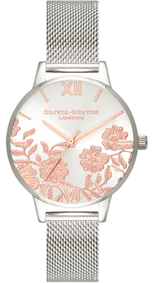 OLIVIA BURTON Lace Detail Rosegold Silver Mesh Ladies Watch OB16MV90