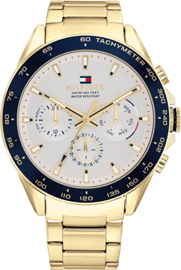TOMMY HILFIGER BLUE BEZEL GOLD-PLATED CHAIN-LINK WATCH 1791969